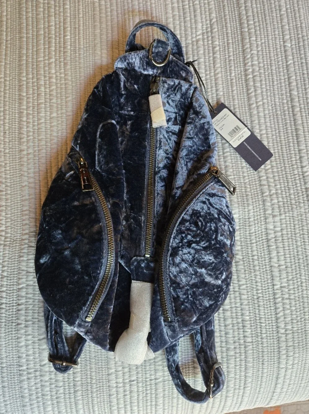 Rebecca Minkoff Dark Blue Velvet Mini Backpack with Gold Zippers